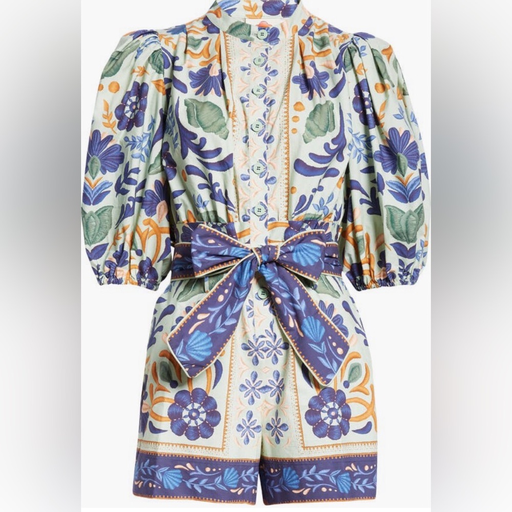 NWT $200 FARM Rio Ocean Tapestry Puff Sleeve Cotton Romper in Medium! - Picture 5 of 6
